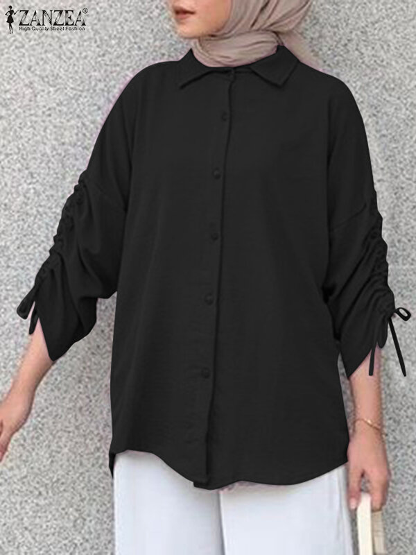 Женская Осенняя блузка ZANZEA 2023, модная однотонная мусульманская абайя с отложным воротником, топы Eid Mubarek, винтажная рубашка с длинным рукавом и шнурком