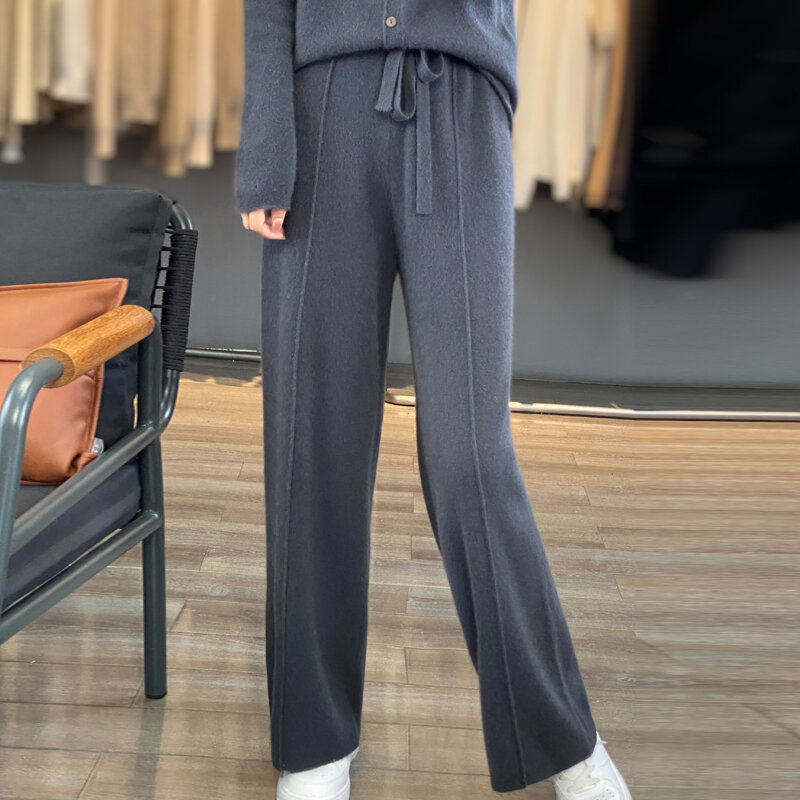 100% genuine wool high-end wide-leg pants women's thick loose high waist drape casual pants clearance.