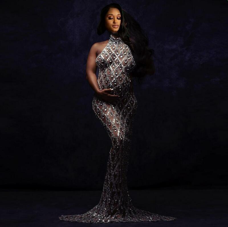 Fotografia ciążowa seksowna błyszcząca body bogini Rhinestone sukienka ciążowa dla sesja zdjęciowa