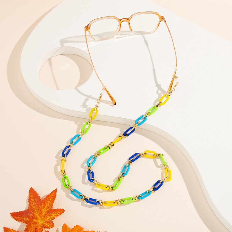 Corda de cordão antiderrapante para mulheres, corrente de óculos coloridos, corrente de cordão de metal acrílico, cordão pendurado, moda