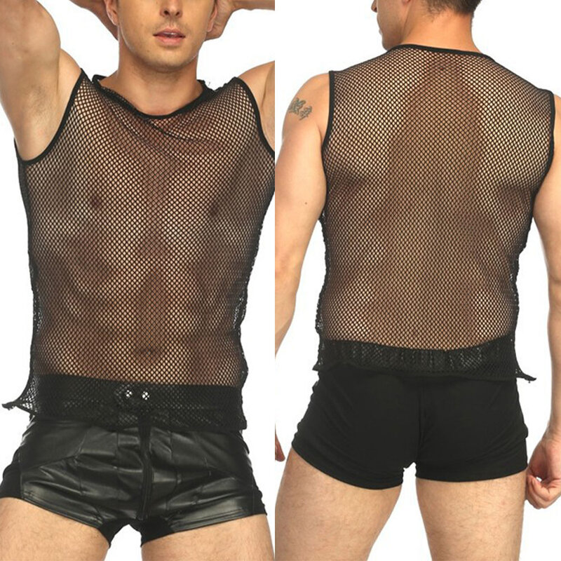 Mens Sexy Tank Top Transparent Mesh Undershirt Fishnet Vest String Sleeveless Shirts Male See Through Night Clubwear Slim Sport