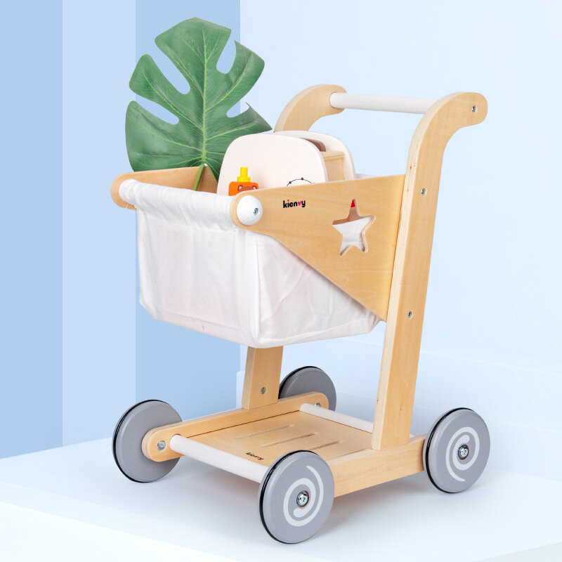 New Arrival Children Baby Walker Play Wooden Shopping Trolley Toys Set Shop For 1~3 Year Kids Toy Trolley