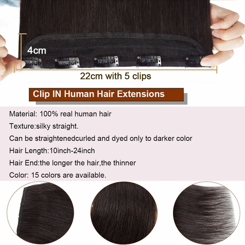 Extensions de cheveux humains à clipser pour femmes, 100% vrais cheveux humains, postiche droite naturelle, trame, 1 pièce, 10 "-24"