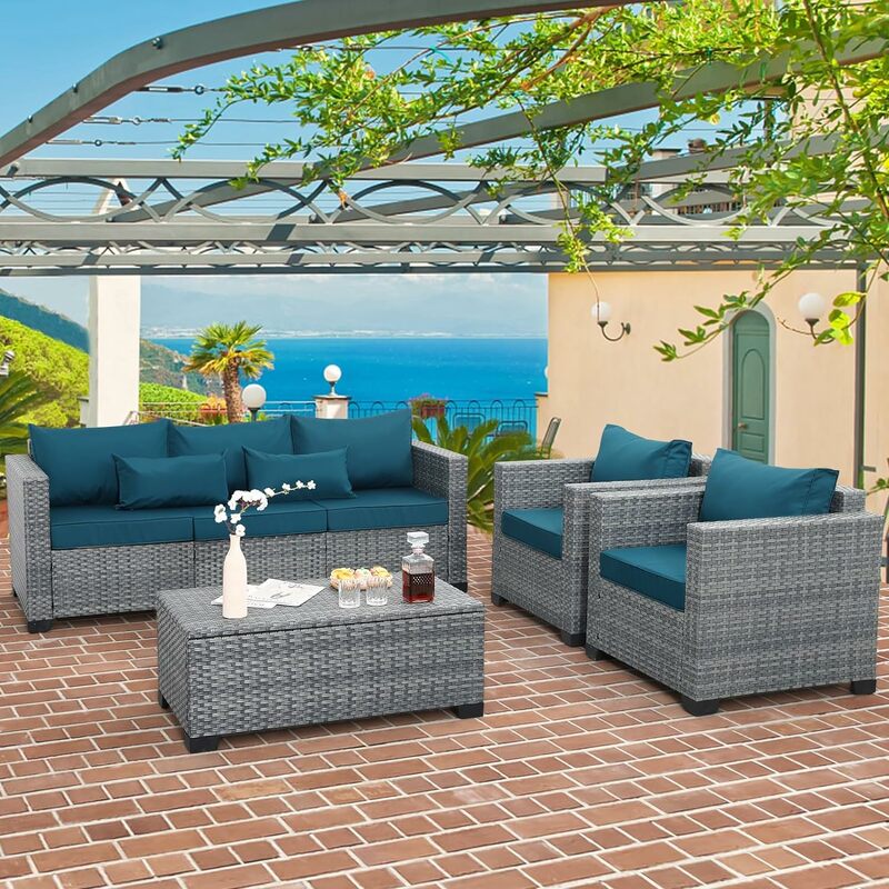 4 Stück Korb Terrassen möbel Sets Outdoor-Gesprächs set Pe Rattan Schnitts ofa Couch mit Aufbewahrung tisch