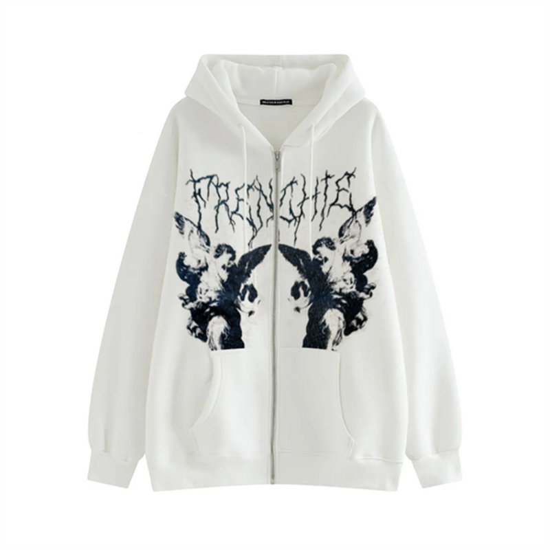 2023 mulheres hip hop streetwear hoodies mulheres zip up hoodie anjo escuro impressão jaqueta casaco goth harajuku y2k roupas