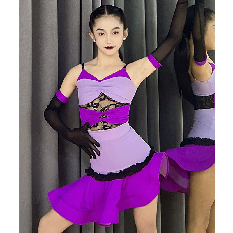 فستان رقص لاتيني دانتيل أرجواني للفتيات ، بدلة أداء لقاعة رقص تشا تشا ، فستان مسابقة للأطفال ، ملابس تدريب لاتينية ، DNV20352