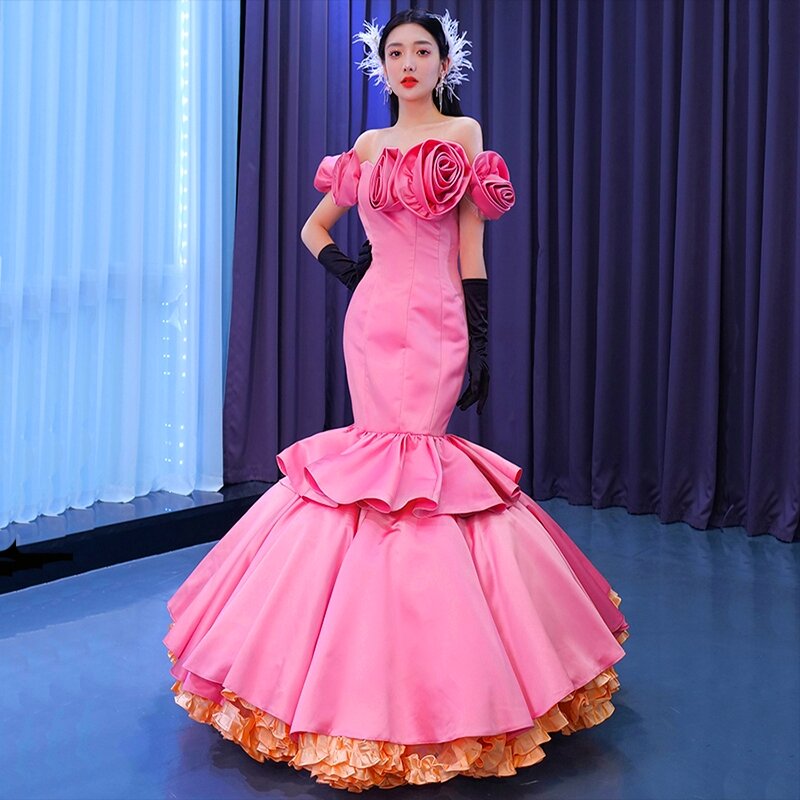 Różowe kwiaty 3D syrenka suknia formalne kobiety eleganckie suknie na przyjęcie Celebrity macierzyństwo niestandardowe Abendkleider Gala suknie