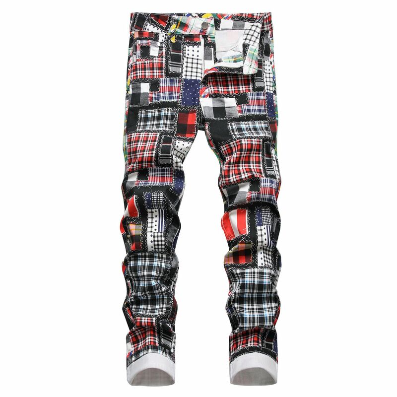 Y2K Autumn New Men's Vintage Patchwork Plaid Printed Hip Hop Streetwear Harajuku Jeans Fashion Stretch Cargo Denim Pants 남자 바지
