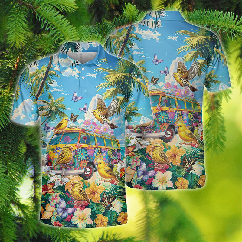 Polo gráfico de la selva Canaria para hombre, camiseta Harajuku hawaiana con pájaros tropicales, POLO de manga corta, cacatúa, Hippie, autobús, Tops