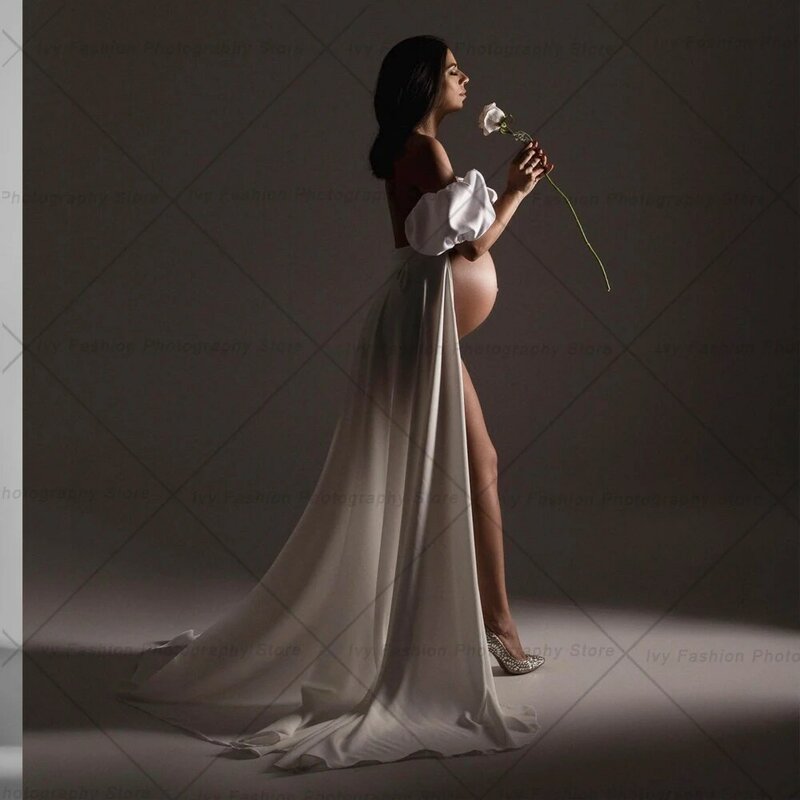 Gaun hamil untuk pemotretan, aksesori tema pernikahan seksi Studio fotografi rok panjang tertinggal renda putih elegan