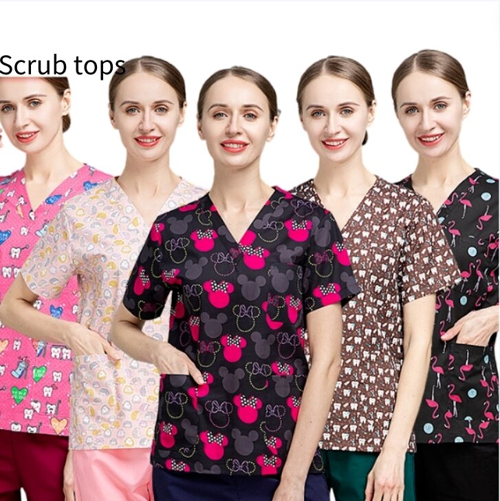 Printing Short sleeve Doctor surgical Tops oral beauty salon work Uniform Cotton V-neck scrubs tops Blouse Nursing Accessories