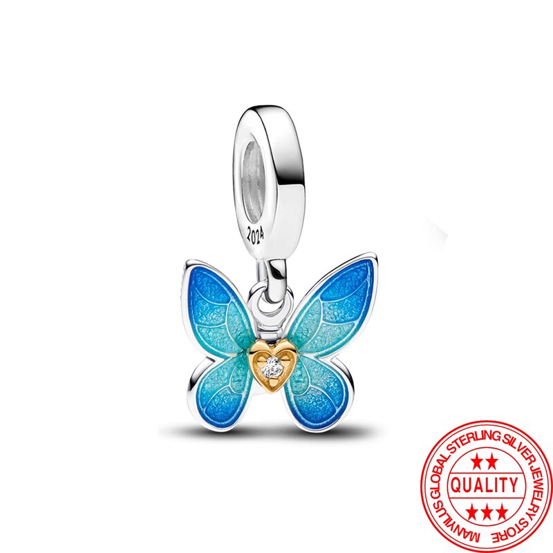 2024 nowy S925 Sterling Silver Fit oryginalny Charm bransoletka koraliki Galaxy serce niebieski motyl wisiorek kobiety naszyjnik DIY biżuteria