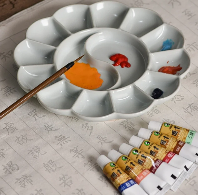 Handmade Celadon Palette Plum Blossom-shaped Watercolor Paint Tray Jingdezhen Ru Kiln High-quality Ceramic Plate and Pen Holder