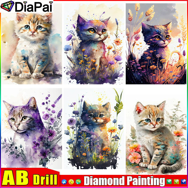 DIAPAI AB Diamond Painting "Cat Animal Flower" DIY 5D Diamond Embroidery Sale Full Set Rhinestone Cross Stitch Home Decor