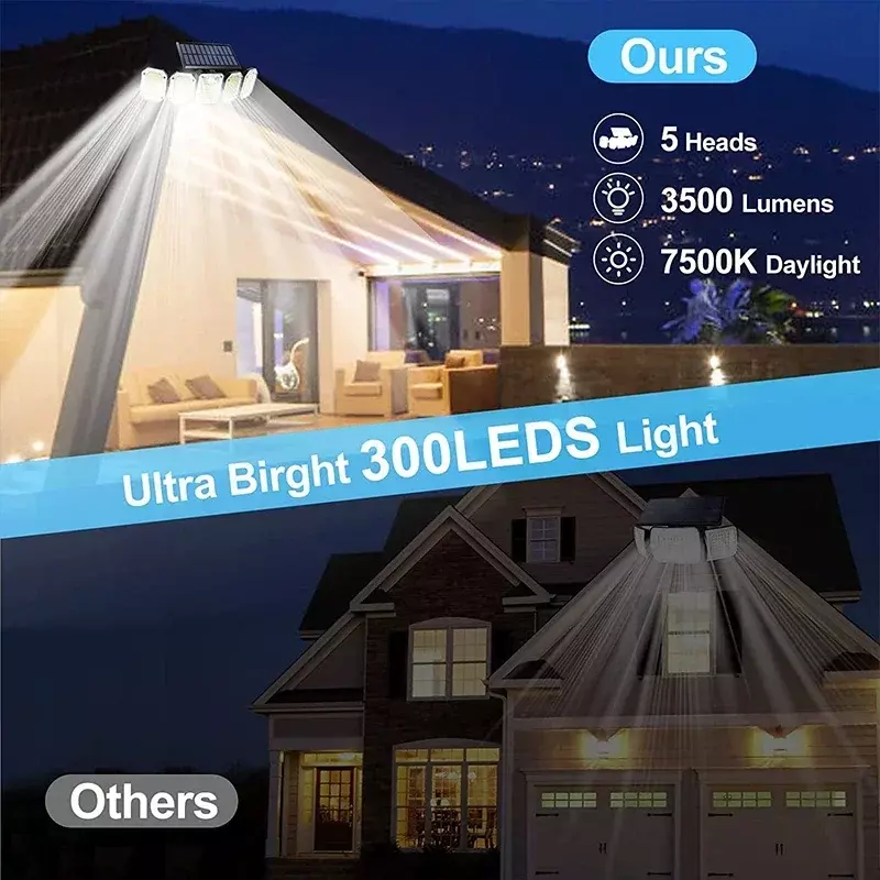 Luz LED Solar 300 con Sensor de movimiento para exteriores, lámpara de pared de iluminación de gran angular, impermeable, para jardín, patio y calle, 5 cabezales
