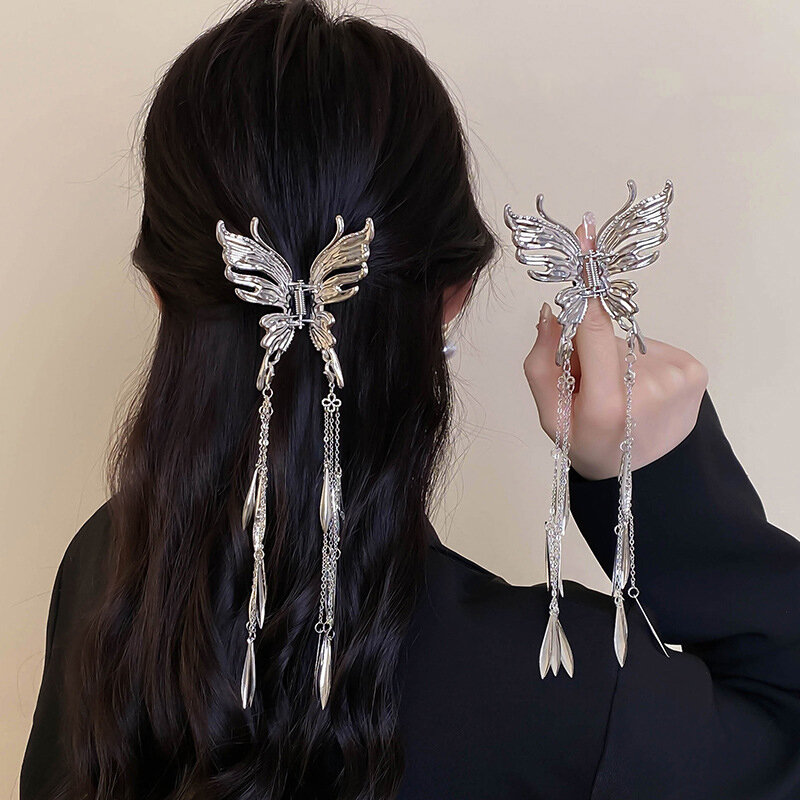Trendy Silver Color Tassel Hair Claws Korean Butterfly Hair Clips Fashion Ponytail Clip Headwear for Women Hair Accessories Gift