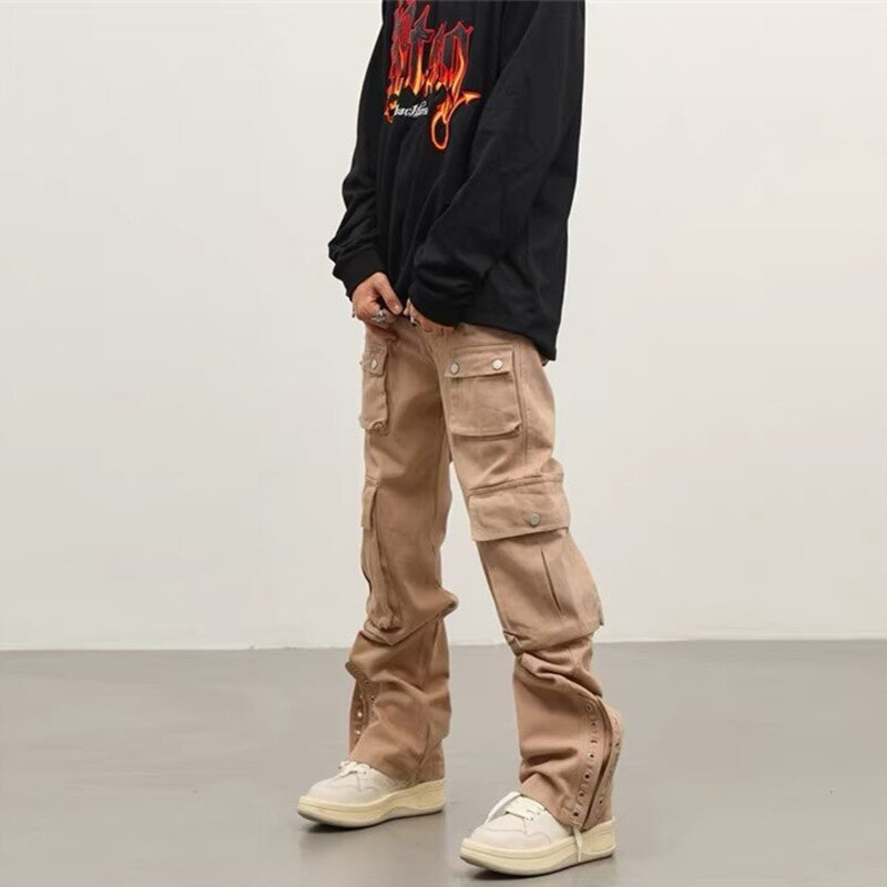 2024 Vibe Y2k Mode Kanye Khaki Streetwear Cargo Jeans Hosen Männer Kleidung Multi Taschen gerade Hip Hop New Rock Ropa Hombre