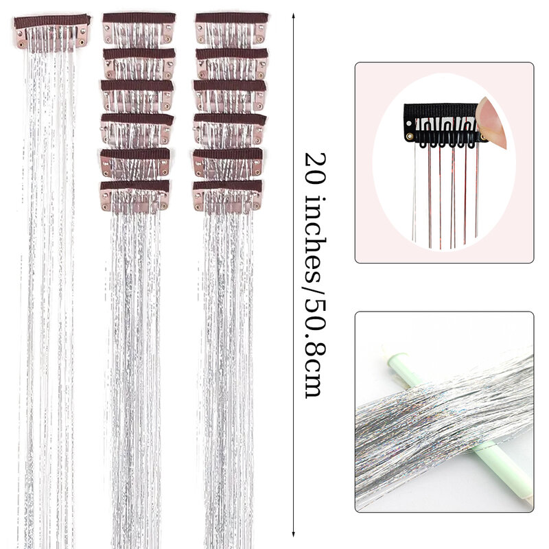 Colorido Glitter Hair Clip Extensions, Tinsel Cabelo, Fairy Hairpiece, Festival Gift, 20 ", Pacote de 6pcs