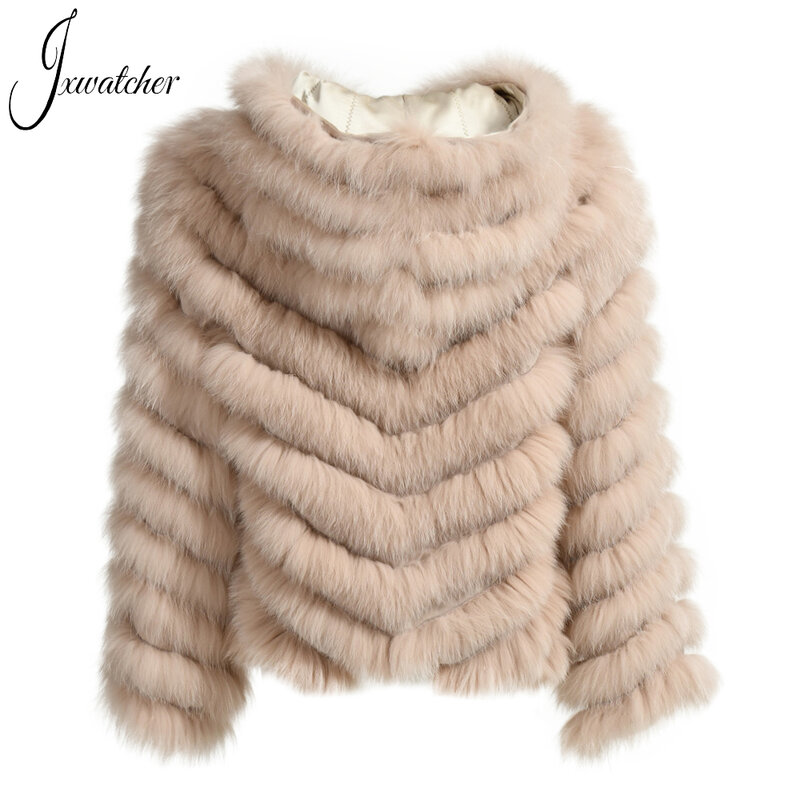 Jxwatcher Women Real Fox Fur Coat with 100% Silk Liner Smooth Autumn Winter Reversible Jacket Hooded Lady Luxury Fur Casaco