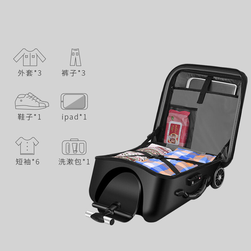 New design lazy baby sit on scooter luggage kids carry on travel suitcase bag boarding skateboard creative trolley case
