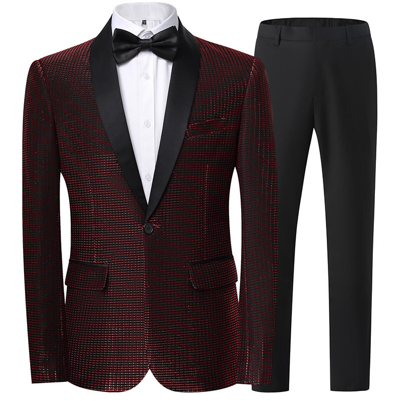 Green Men's Suit Two Piece Fashion Slim Fit Dress Jacket with Trousers Red Black Silver Gold Men Sets M-5XL 6XL