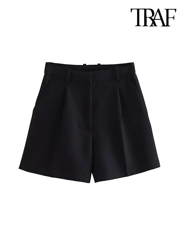 TRAF-pantalones cortos con bolsillos laterales para Mujer, Bermudas de dardos delanteros, Vintage, de cintura alta, con cremallera