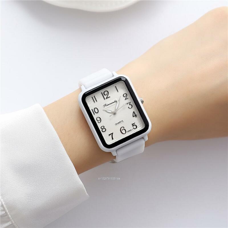 Modne damskie popularne marki sprzedające zegarki z prostokątem rekreacyjnym cyfrowy prosty kwarcowy zegarek sportowy z silikonowym paskiem damski zegar