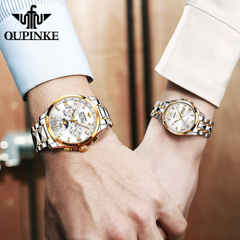 Oupinke นาฬิกากลไกคู่รักสำหรับผู้ชายผู้หญิงทังสเตนสายเหล็กนาฬิกาข้อมือแบรนด์หรูกันน้ำ Jam Tangan pasangan