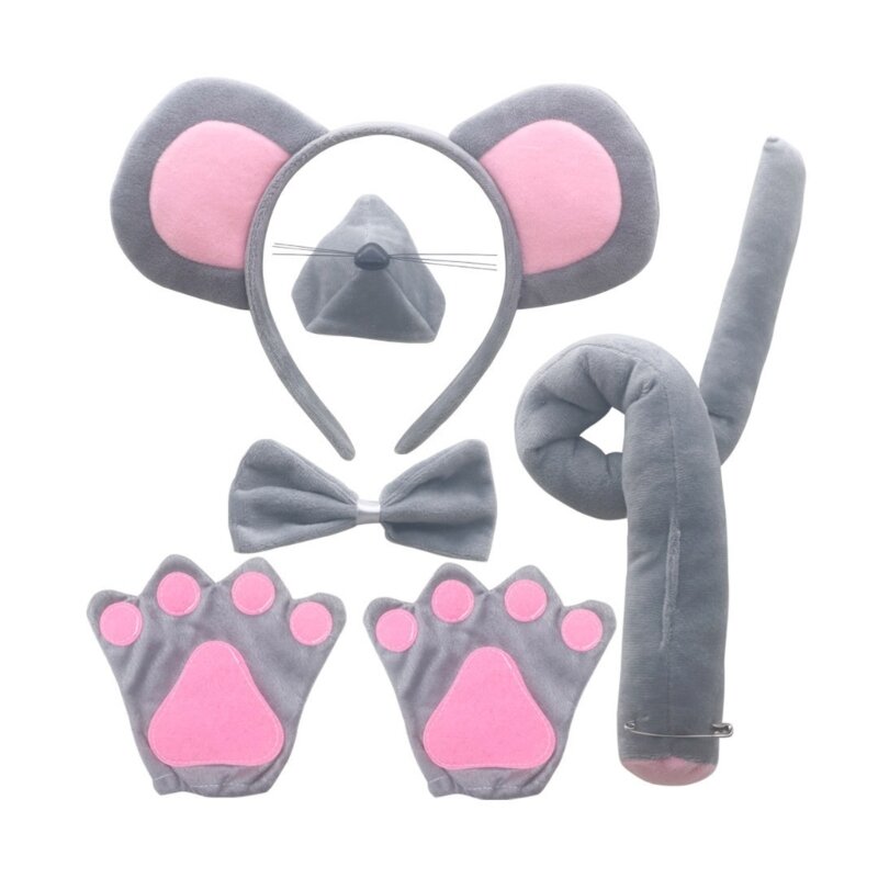 Set kostum tikus, telinga tikus ikat kepala, ekor dasi kupu-kupu sarung tangan hidung rok Tutu untuk anak-anak Halloween Natal hewan Cosplay