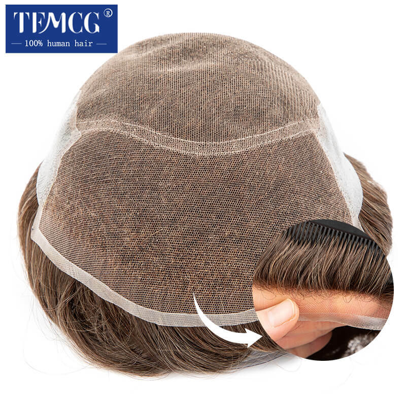 Toupee wig rambut palsu pria, disesuaikan Swiss renda sistem pengganti prostesis rambut manusia 100% wig untuk pria sistem Exhuast