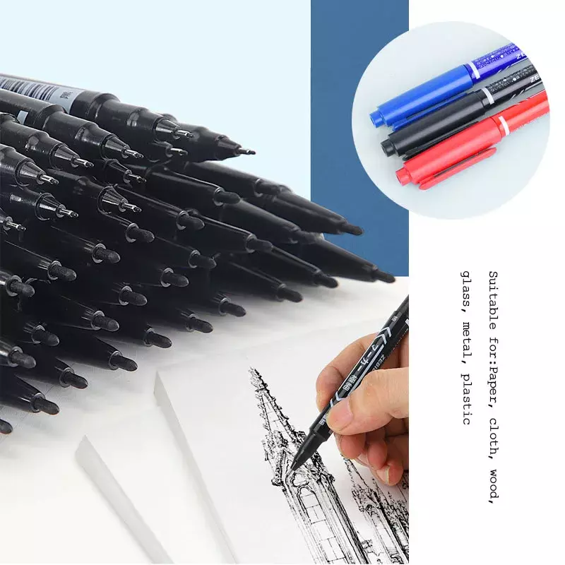 10Pcs Twin Tip Permanent Marker Black/Blue/Red Oil Marker Pen Fine Nid Marker Ink Stationery School & Office Supplies