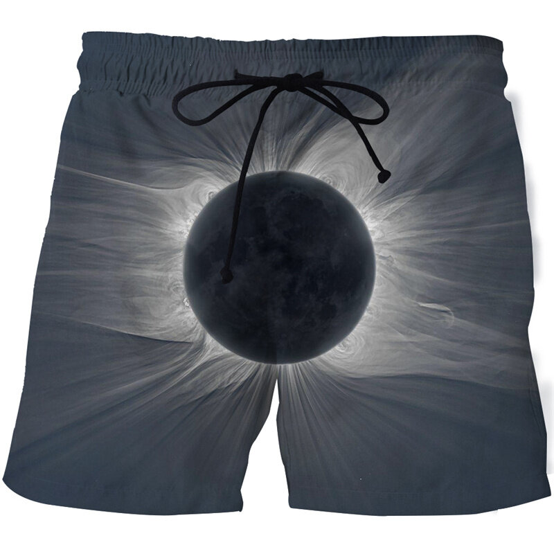 Celana pendek pantai Hawaii pria, bawahan berenang cetakan 3D lubang hitam papan Planet musim panas