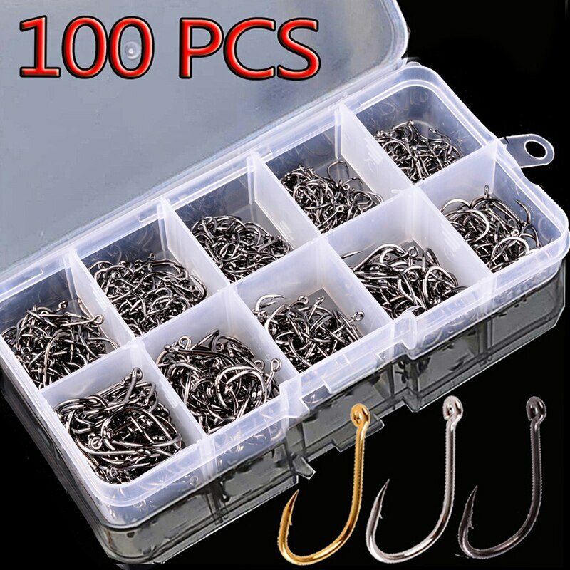 Anzuelos de pesca con mosca, conjunto de anzuelos de pesca de círculo único de acero con alto contenido de carbono, caja de piezas, 10 Series, 100