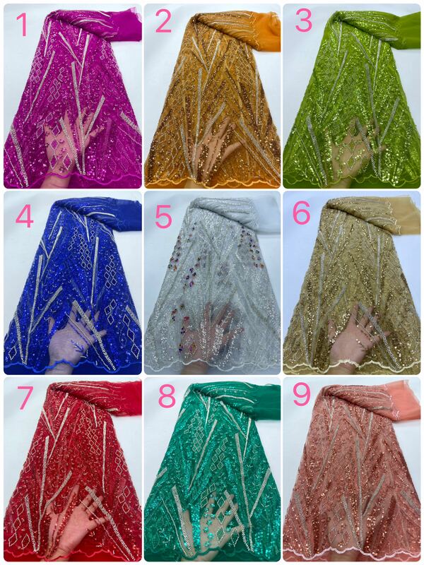 African Beaded Lace Fabric 2024 High Quality Lace French Sequins Tulle Embroidery Lace Fabric For Nigerian Bridal Party Dresses