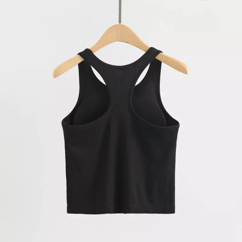 Logo gedruckt Racer back Yoga Tanktops Frauen Fitness ärmellose Cami Top Sport hemd schlanke gerippte Running Gym Shirts in BH gebaut