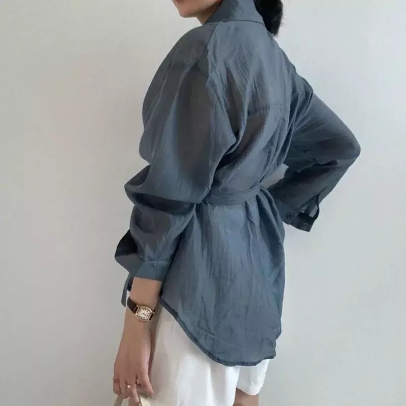 Blusa solta de manga comprida feminina, camisa com protetor solar branco irregular, camisas casuais com botões, roupas da moda, tops novos, 15674, 2024