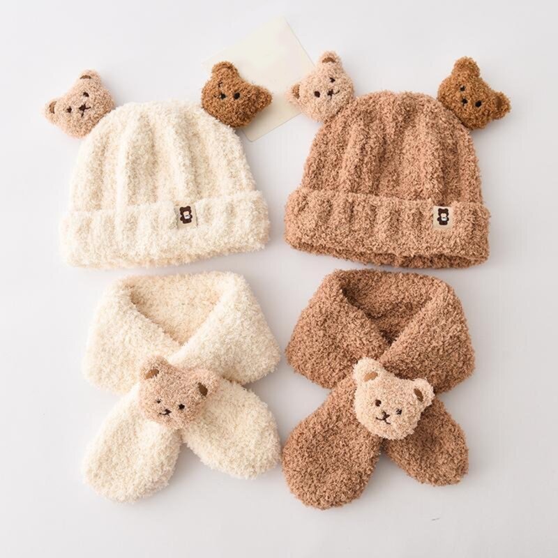 Детская зимняя шапка с шарфом, комплект с милым медведем, теплая плюшевая шапочка, шапка, шейный платок, комплект для маленьких