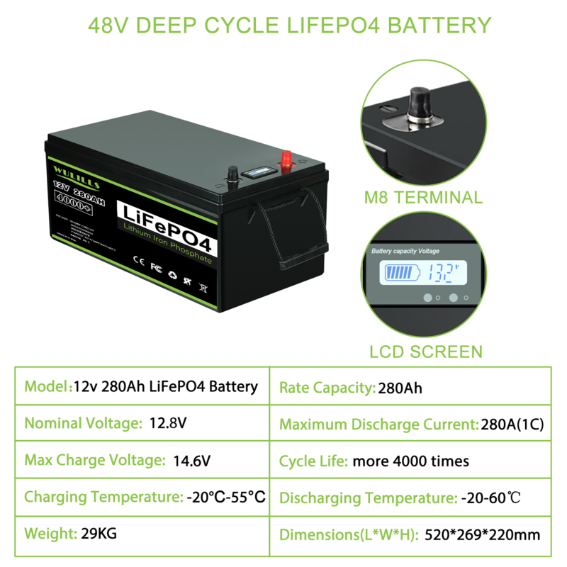 Baterias de fosfato de ferro de lítio, bateria LiFePO4, built-in BMS para barco, armazenamento em casa, Off-Grid, UE, EUA, 12V, 280Ah, 300Ah
