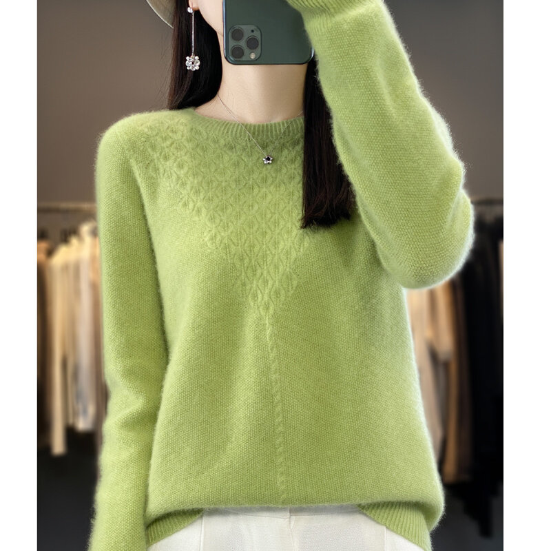 여성 자카드 라운드넥 풀오버 스웨터, 100% 스웨터, 심리스 보터밍 스웨터, 1 라인 기성복, 가을 겨울 신상
