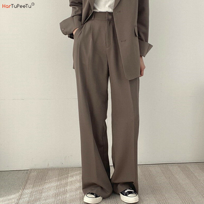 Женские широкие брюки с высокой талией, драпированные брюки, демисезонные свободные тонкие карманы, Офисная Женская рабочая одежда полной длины