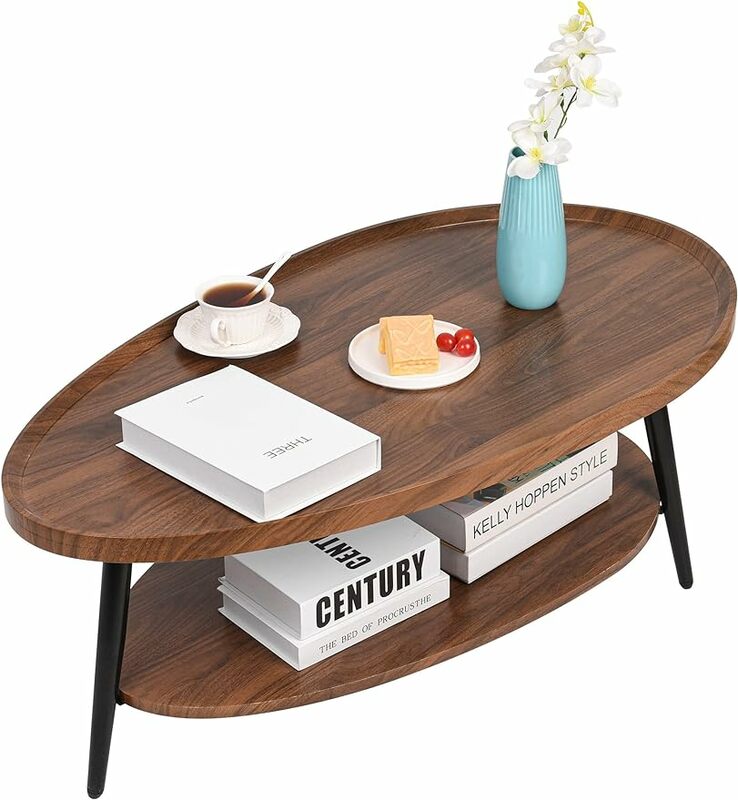 水型の木製中央テーブル、ミッドセンチュリー楕円形コーヒーテーブル、素朴な農家、2層コーヒーテーブル