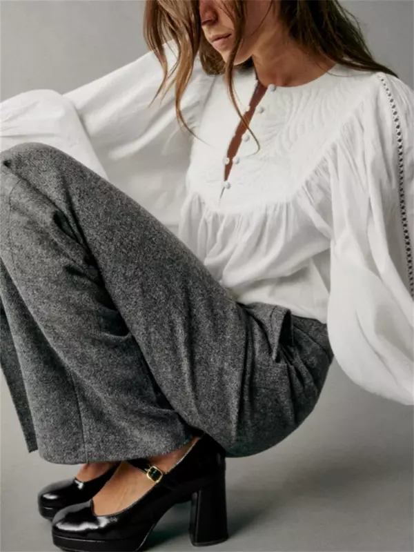 Женская однотонная блузка с вышивкой, ажурная винтажная Свободная рубашка с круглым вырезом и рукавами-фонариками, Всесезонная