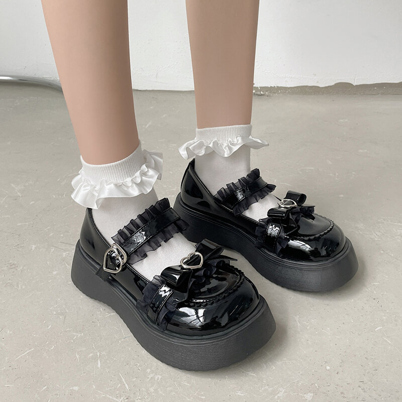 Kawaii ลูกไม้ Bowknot สีขาวรองเท้าโลลิตาผู้หญิง2022หัวใจหัวเข็มขัดแพลตฟอร์ม Mary Janes ผู้หญิงสไตล์ญี่ปุ่นสิทธิบัตรหนัง Jk รองเท้า
