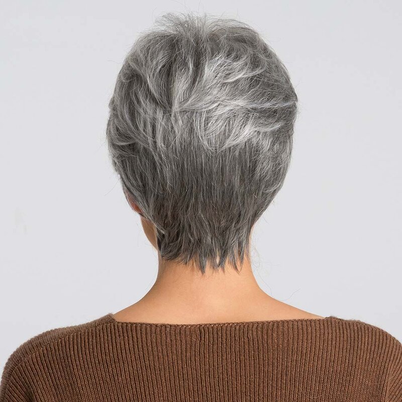 Krótka prosta fryzura Pixie peruki syntetyczne mieszana 30% ludzkich włosów srebrno-szara naturalne włosy z grzywką dla kobiet codziennie odporna na ciepło