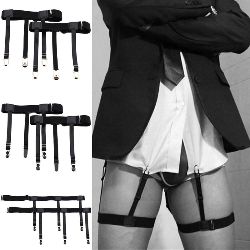 남성용 미끄럼 방지 주름 블랙 셔츠 클립, 조정 가능한 다리 멜빵 가터 스트랩, 남녀공용 편안한 허벅지 루프, 1 쌍