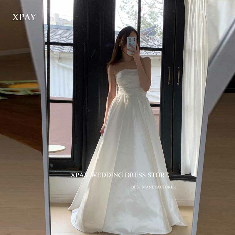 XPAY prosta linia tafta Korea suknie ślubne bufiaste gorset z krótkimi rękawami suknia ślubna wiązana z tyłu sesja zdjęciowa Plus Size