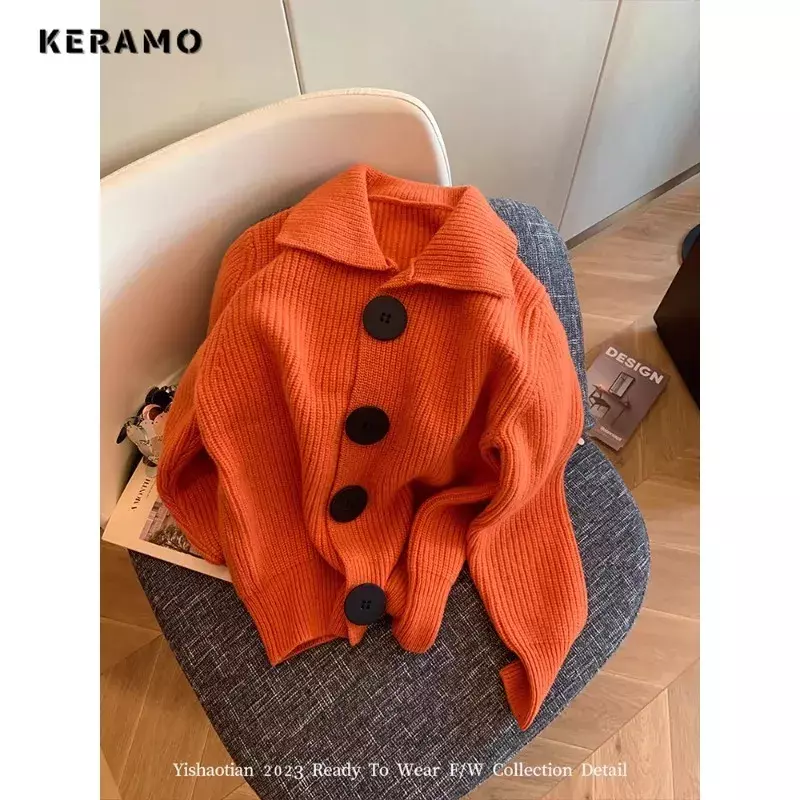 Women Vintage Solid Knitting Long Sleeve Turn Down Collar Cardigans 2023 Winter Fashion Oversized Casual Single Breasted Sweater