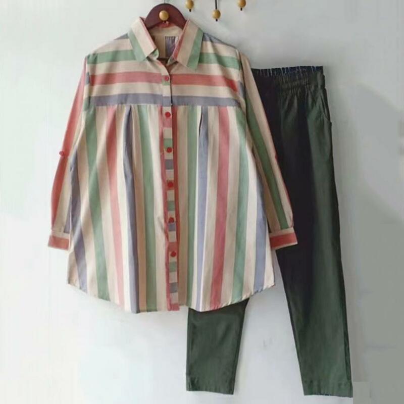 Conjunto de camisa y pantalones de pierna ancha para mujer, traje de estilo informal, traje de rayas de Color de contraste, informal, diario