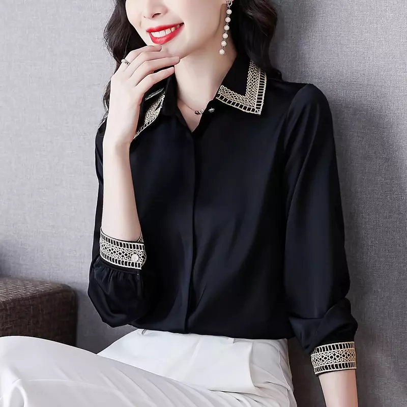 YCMYUNYAN-Satin Embroidery Shirt for Women, Vintage Blouses, Silk Clothing, Long Sleeves, Loose Fashion Tops, Spring and Summer
