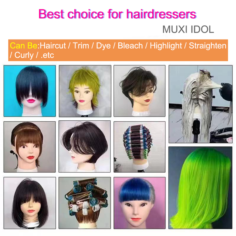 MUXI IDOL-Cabeça de manequim com cabelo para treinamento, estilo solon, cabeleireiro, manequim boneca cabeças para a prática, cabelo 100% real